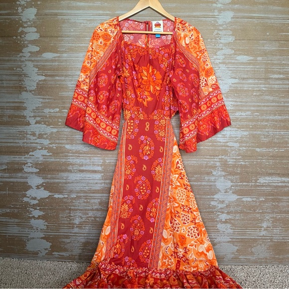 Farm Rio Anthropologie Printed Cut Out Tiered Hem Dress Boho Western Womens S - Picture 2 of 9